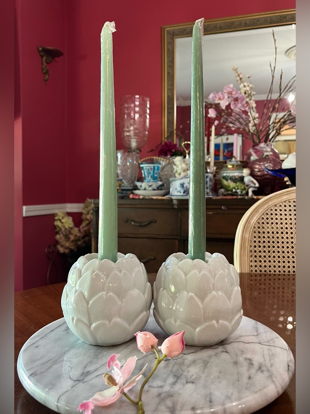 Pair Celadon Green Ceramic Artichoke Taper Candle Holders & Candles -VTG Style
